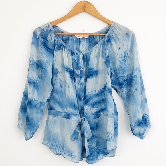 Rebecca Taylor Blue 100% Silk Tie Dye Casual Blouse Size 2 - Picture 2 of 8